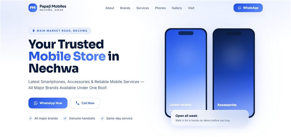 Nova Mobiles store site — "Your Trusted Mobile Store", with brands, gallery and one-tap WhatsApp